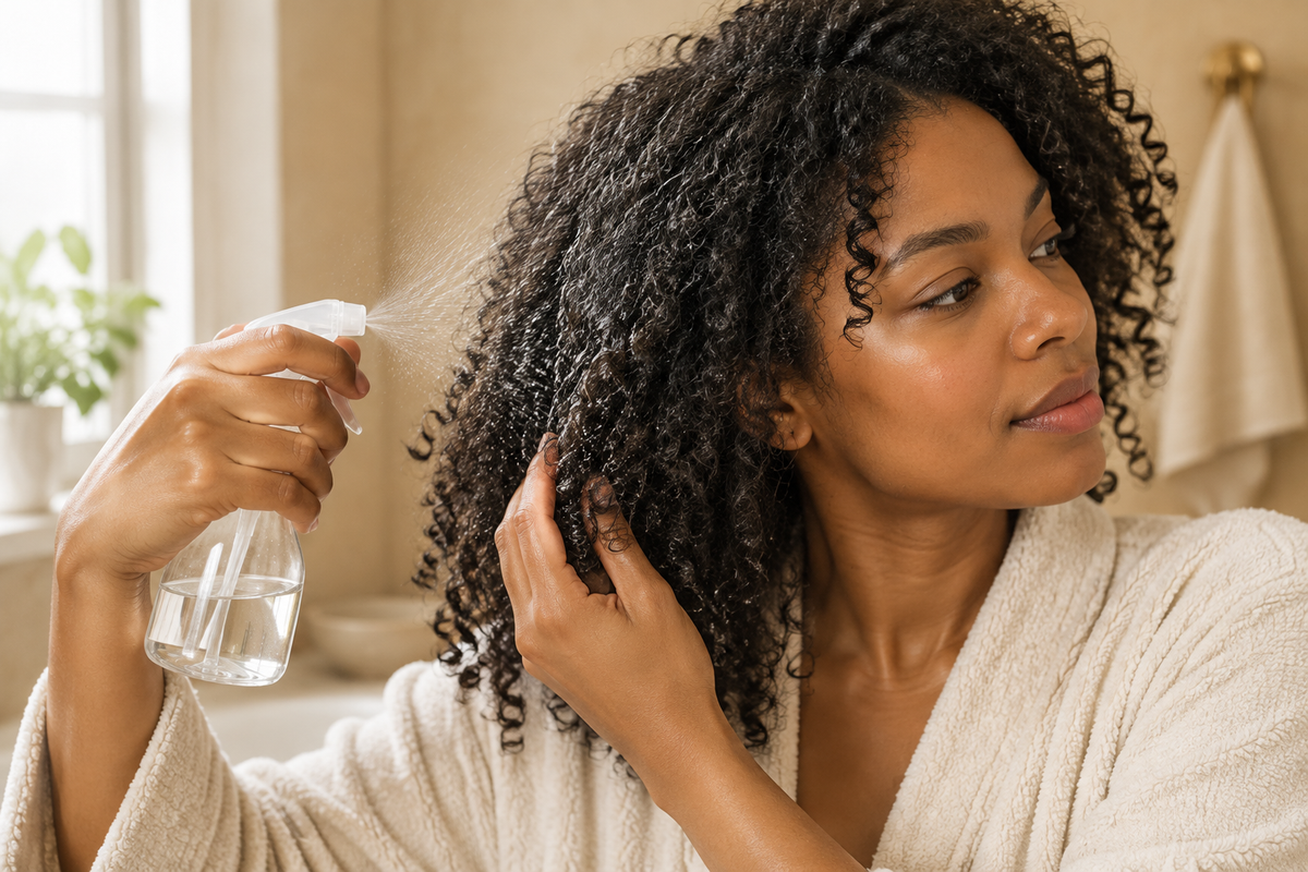 Woman gently misting and separating natural curls between wash days