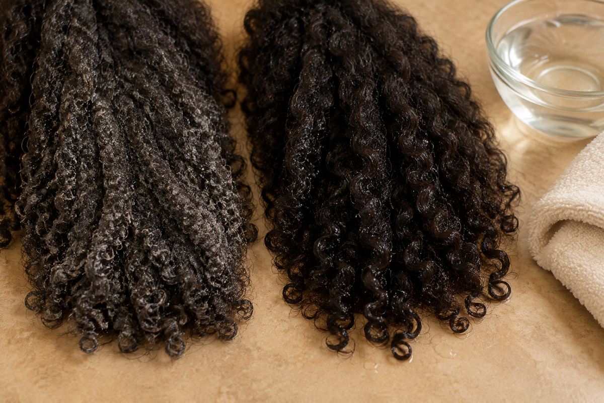 Close-up of natural curls showing visible product residue beside clean rinsed curls on a wash-day surface