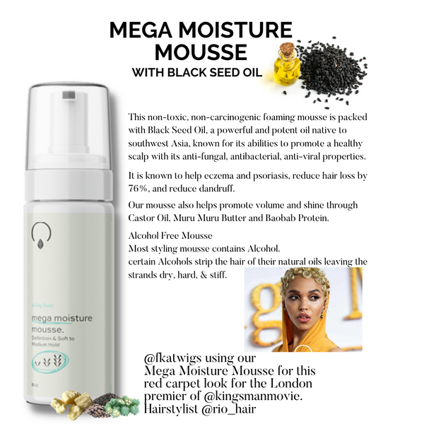 A bottle of Mega Moisture Mousse, featuring the infusion of Black Seed Oil for intense hydration and a luxurious hair care experience