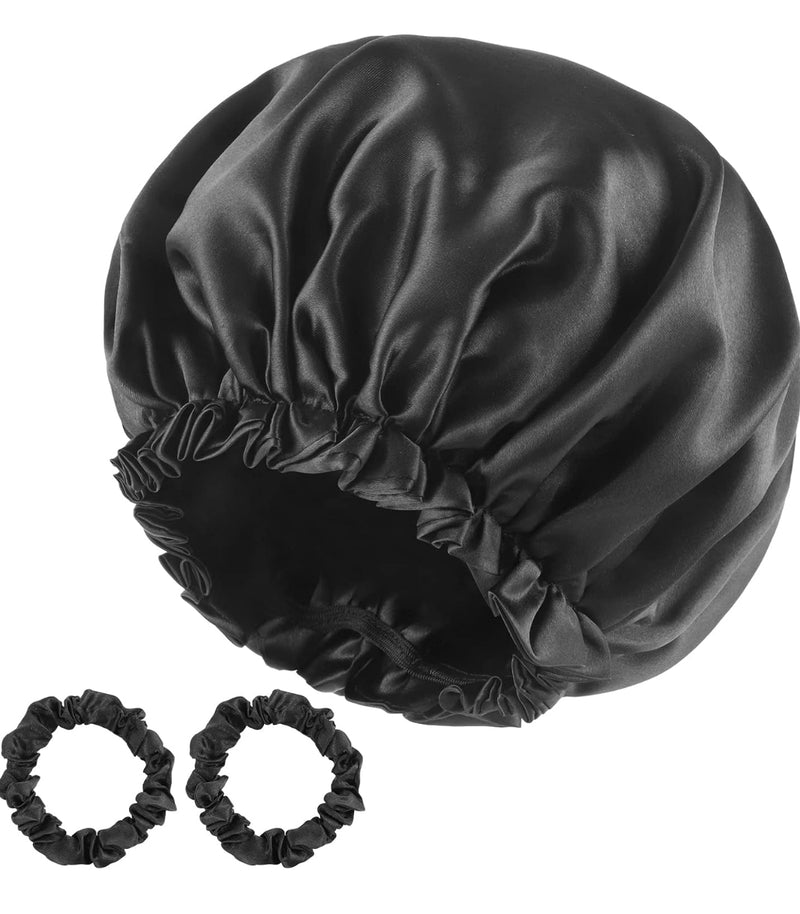 Hands holding Satin Bonnet and Scrunchies - Fashionable Hair Essentials