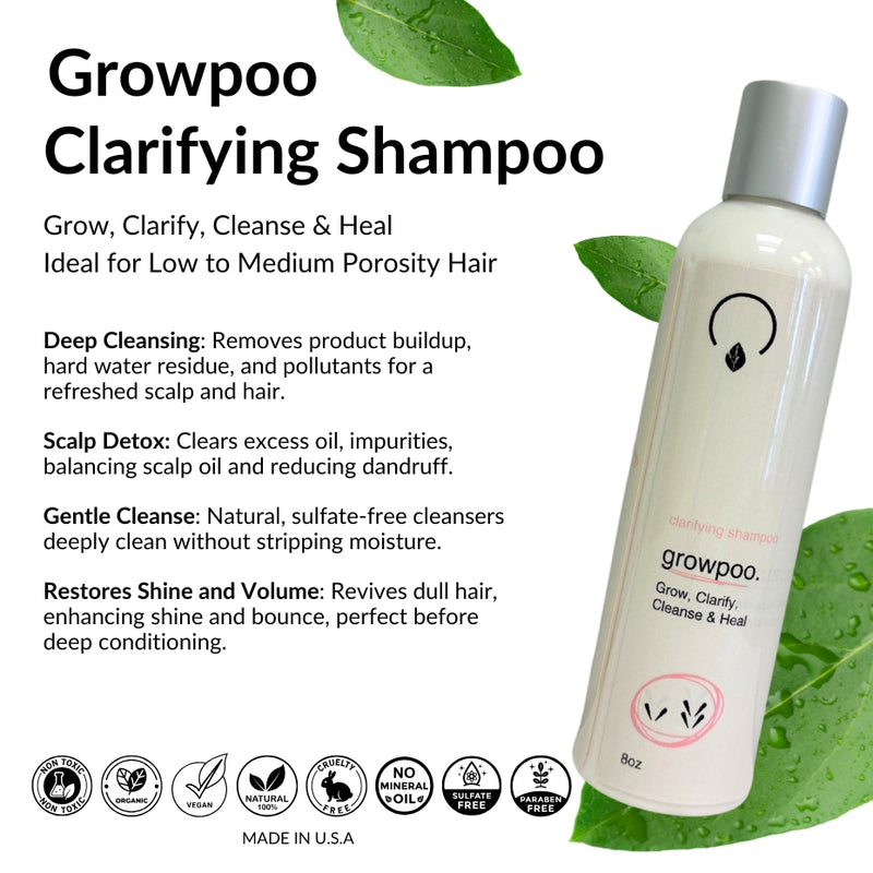 Vegan, non-toxic clarifying shampoo for all hair types, ideal for low porosity hair and protein-sensitive scalps.