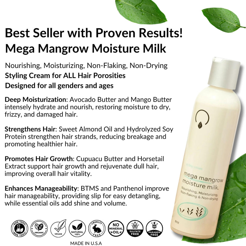 Rich, creamy texture of Mega Mangrow Moisture Milk – Deep Moisture & Strength for Natural Hair