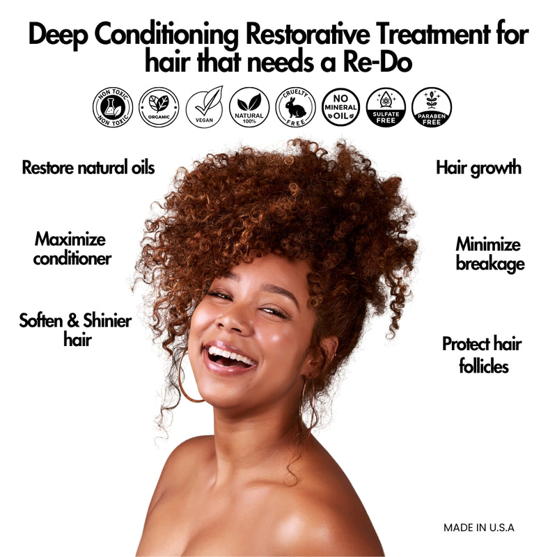 Deep Conditioning Restorative Treatment – Heavy oil blend for repairing damage, promoting length retention, and strengthening low to medium porosity hair.

