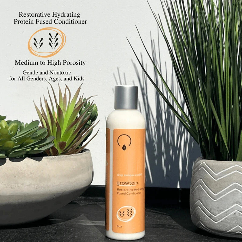 Restorative Hydrating Protein Fused Conditioner – Deep conditioning, protein-infused formula for medium to high porosity hair, nourishing and strengthening with organic, vegan ingredients.

