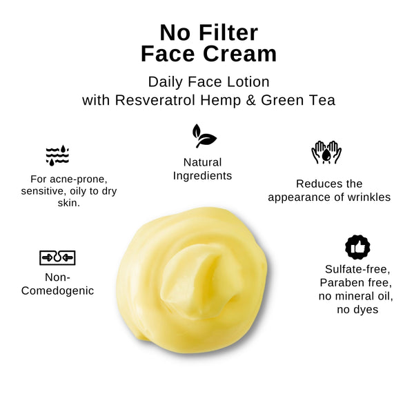 Smooth, non-greasy No Filter Face Cream infused with Green Tea and Resveratrol for glowing, healthy skin.