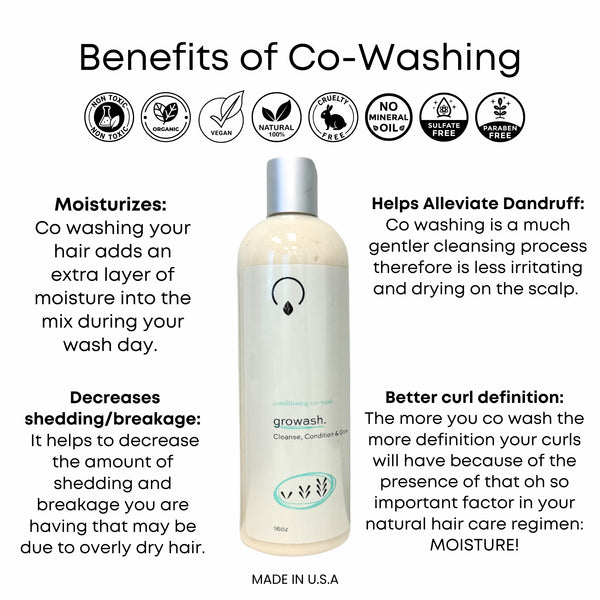 GroWash Conditioning Co-Wash with Chebe & Murumuru – 16oz. A nourishing, sulfate-free co-wash that gently cleanses while deeply conditioning. Infused with Chebe Powder and Murumuru Butter to promote moisture retention, strengthen hair, and enhance curl definition. Perfect for all hair types and porosities.