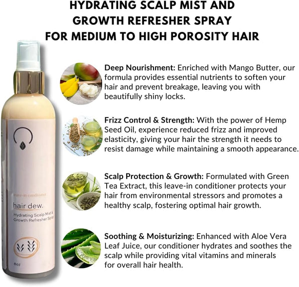 Leave-In Conditioner for Medium to High Porosity Hair – Lightweight mist that hydrates, protects from heat & UV damage, and promotes healthy growth with organic, vegan ingredients.

