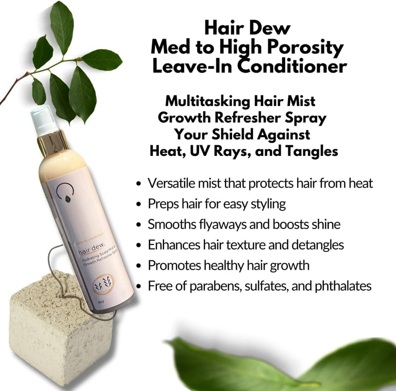 Leave-In Conditioner for Medium to High Porosity Hair – Lightweight mist that hydrates, protects from heat & UV damage, and promotes healthy growth with organic, vegan ingredients.

