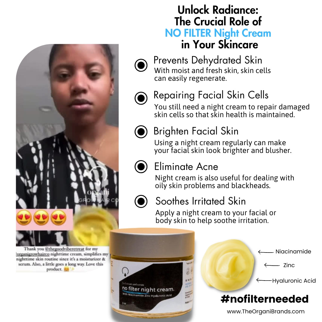 Lightweight, noncomedogenic No Filter Night Cream &amp; Serum with Hyaluronic Acid for deep hydration and wrinkle reduction.