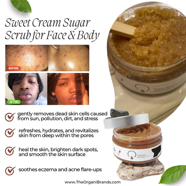 Non-greasy, vegan sugar scrub for sensitive, acne-prone skin – perfect for face and body exfoliation.