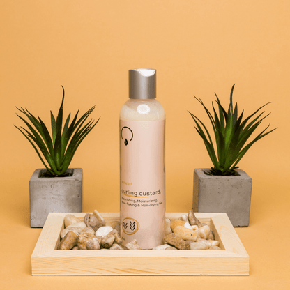Gel for Medium to High Porosity Hair – Curling Custard Gel for long-lasting curl definition, hydration, and frizz control. Lightweight, non-flaking, and made with organic, vegan ingredients.

