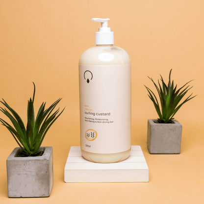 Gel for Medium to High Porosity Hair – Curling Custard Gel for long-lasting curl definition, hydration, and frizz control. Lightweight, non-flaking, and made with organic, vegan ingredients.

